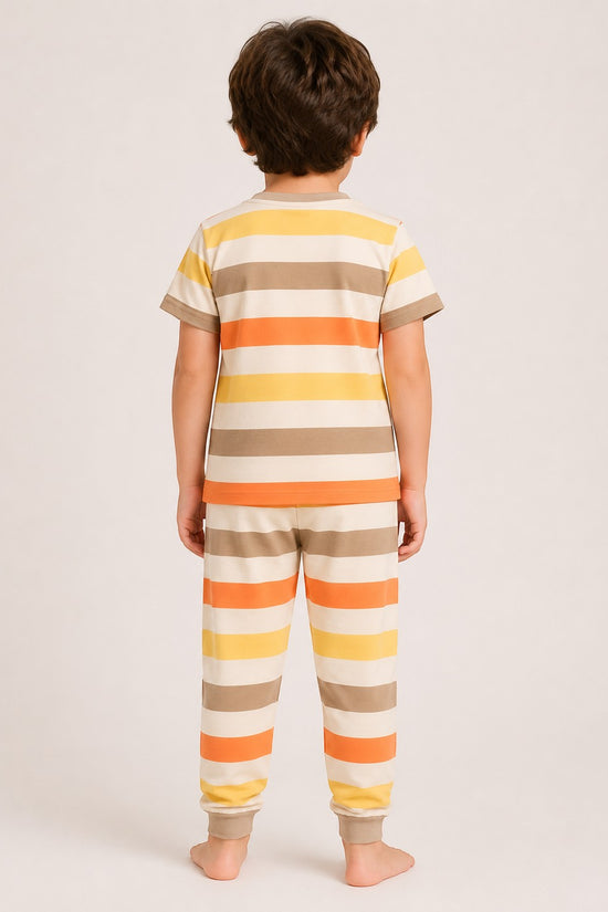 Chillpjs kids retro sunset stripe cotton pajama set with short sleeve top and jogger pants, back view