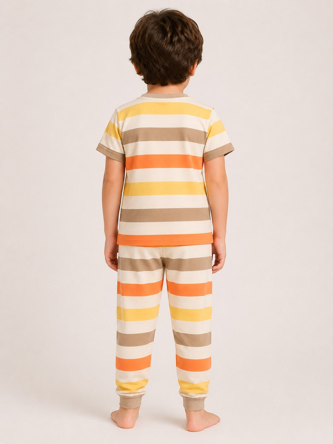 Chillpjs kids retro sunset stripe cotton pajama set with short sleeve top and jogger pants, back view