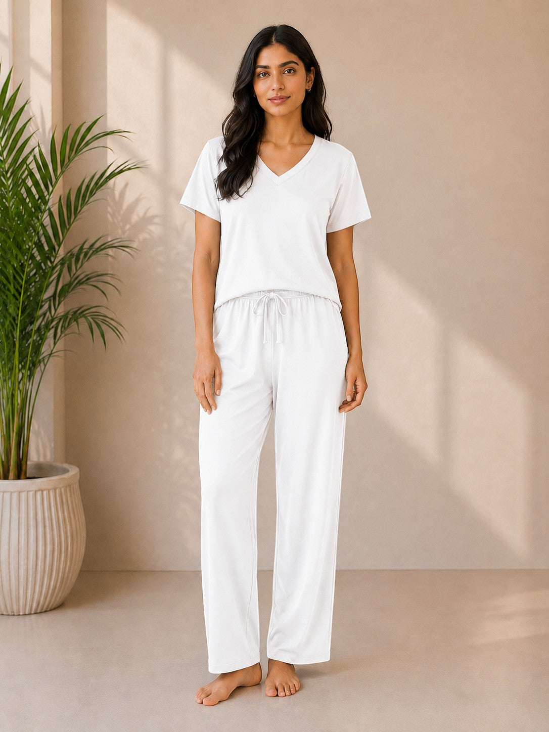 Chillpjs Signature Midnight V-Neck lounge set in white cotton jersey with a relaxed fit and elastic drawstring waist.