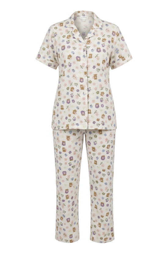 Chillpjs wildflower popcorn crinkle pajama set with short sleeves and floral print in purple, sage, and ochre.