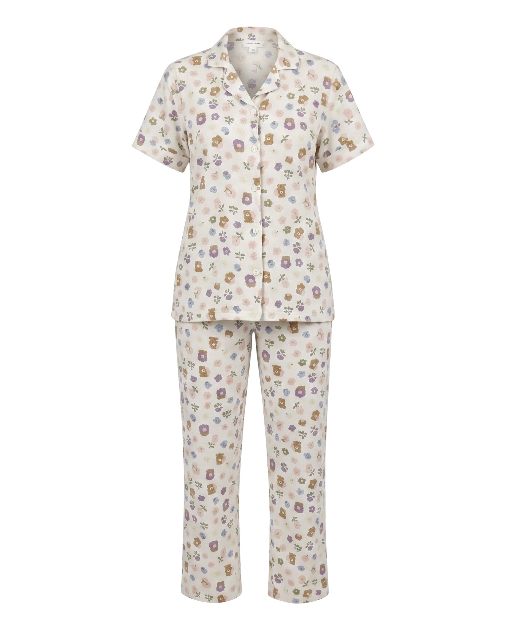 Chillpjs wildflower popcorn crinkle pajama set with short sleeves and floral print in purple, sage, and ochre.