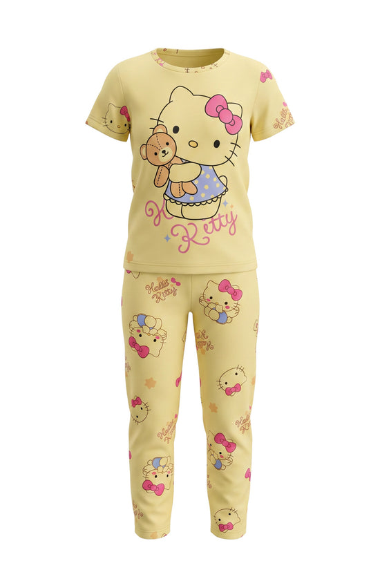 Chillpjs yellow Hello Kitty cotton pajama set for kids with short-sleeve top and matching trousers