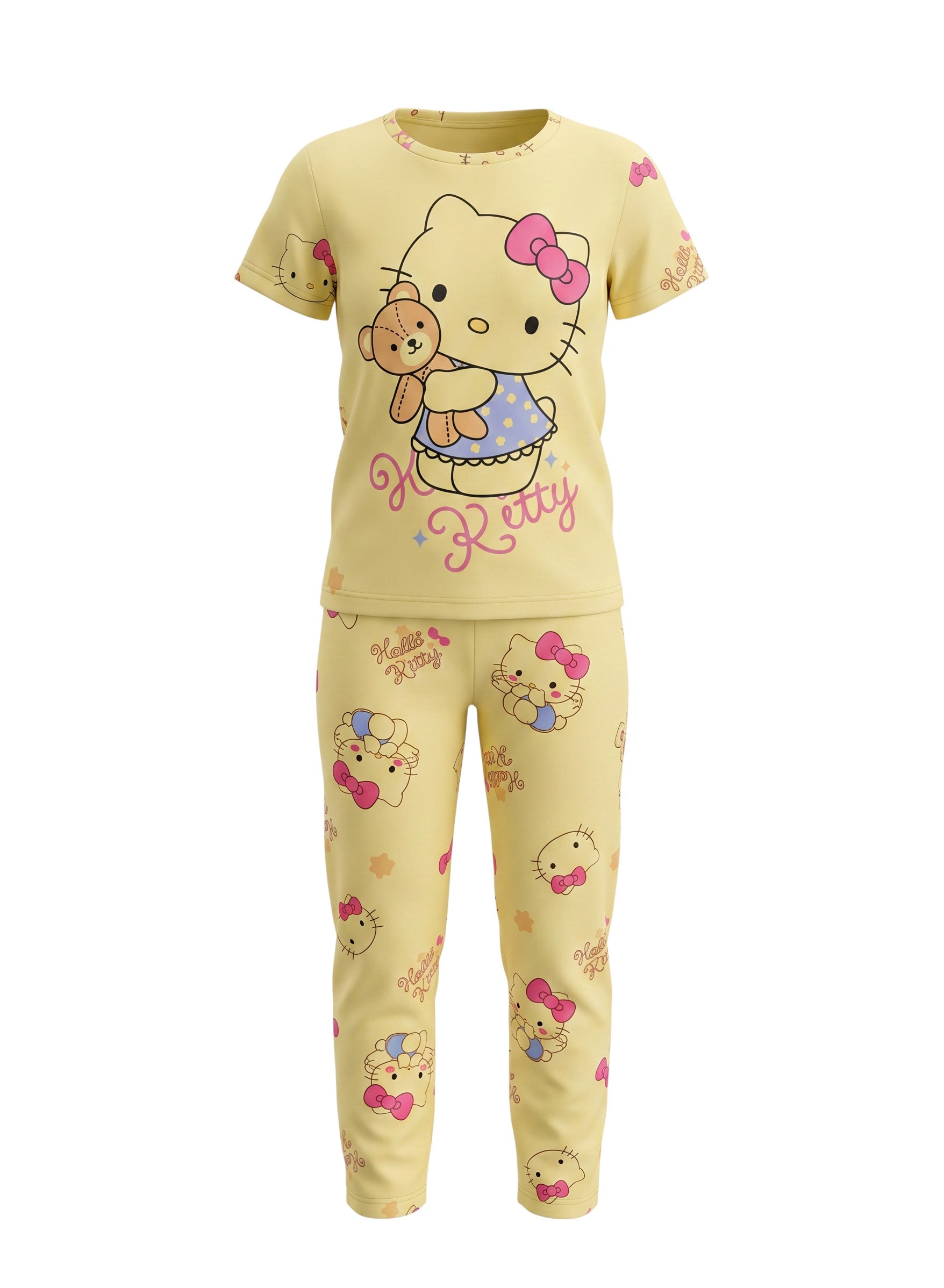 Chillpjs yellow Hello Kitty cotton pajama set for kids with short-sleeve top and matching trousers